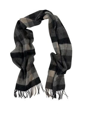 Via Condotti Roma 100% Virgin Wool Plaid Herringbone Fringe Scarf Gray Black
